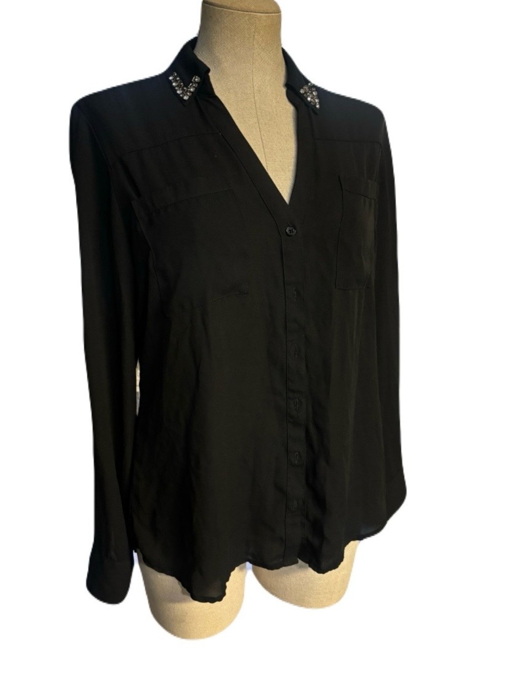 Express Black Button-Down Blouse with Embellished Collar